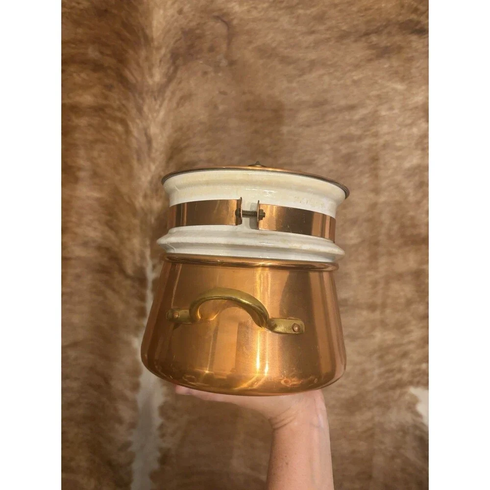 Vintage Taurus Portugal Copper Double Boiler Sauce Pan Pot Brass Handles Lid